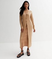 New Look Camel Ribbed Knit Button Up Midi Cardigan
